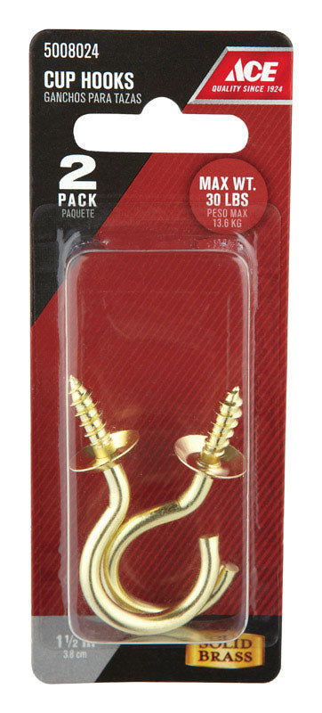 Ace Small Bright Brass Brass 2.0625 in. L Cup Hook 30 lb 1 pk, Pack of 5