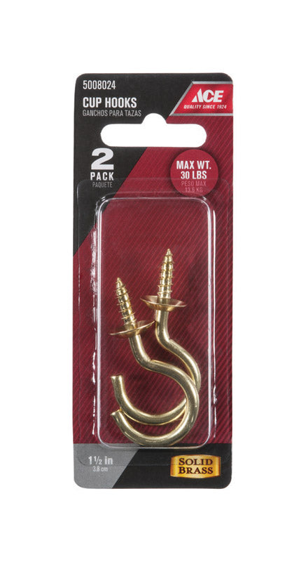 Ace Small Bright Brass Brass 2.0625 in. L Cup Hook 30 lb 1 pk, Pack of 5