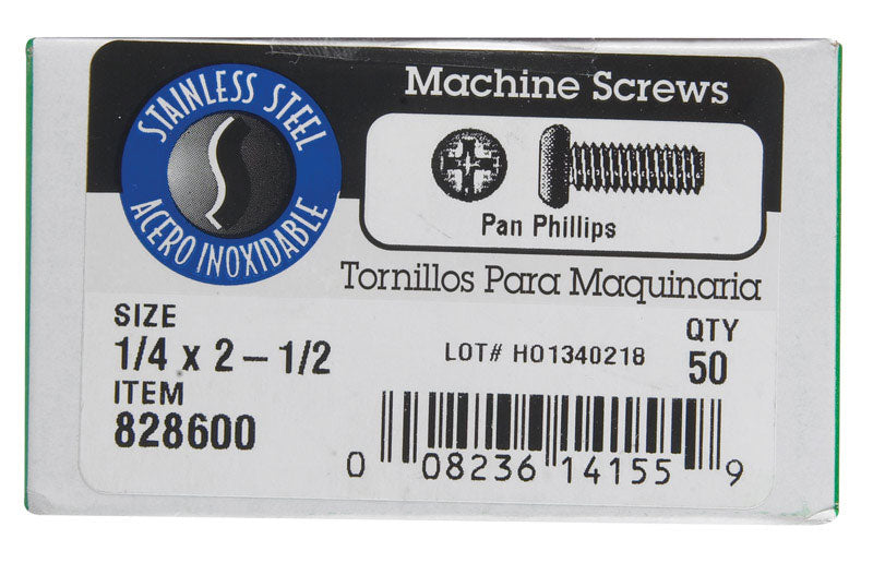 HILLMAN No. 1/4-20 in. X 2-1/2 in. L Phillips Pan Head Stainless Steel Machine Screws 50 pk