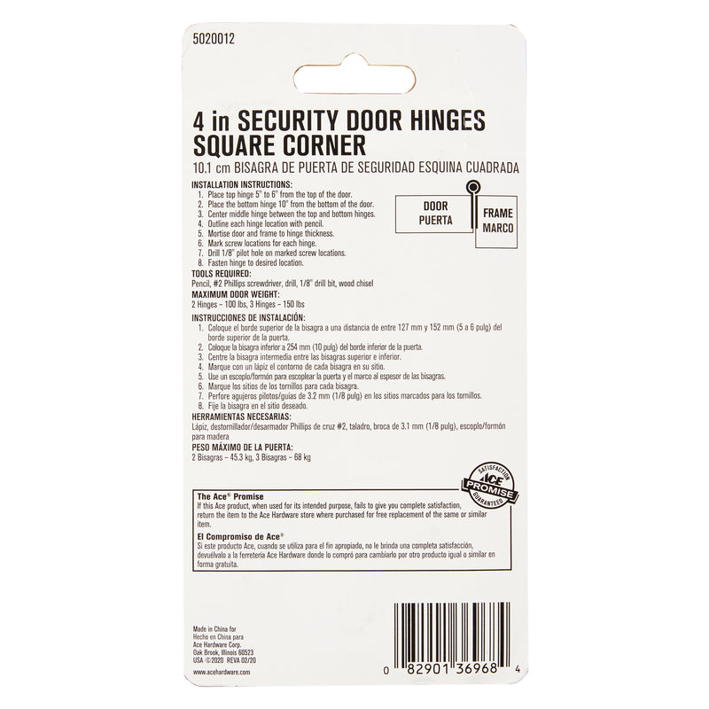 Ace 4 in. L Satin Nickel Residential Door Hinge 3 pk