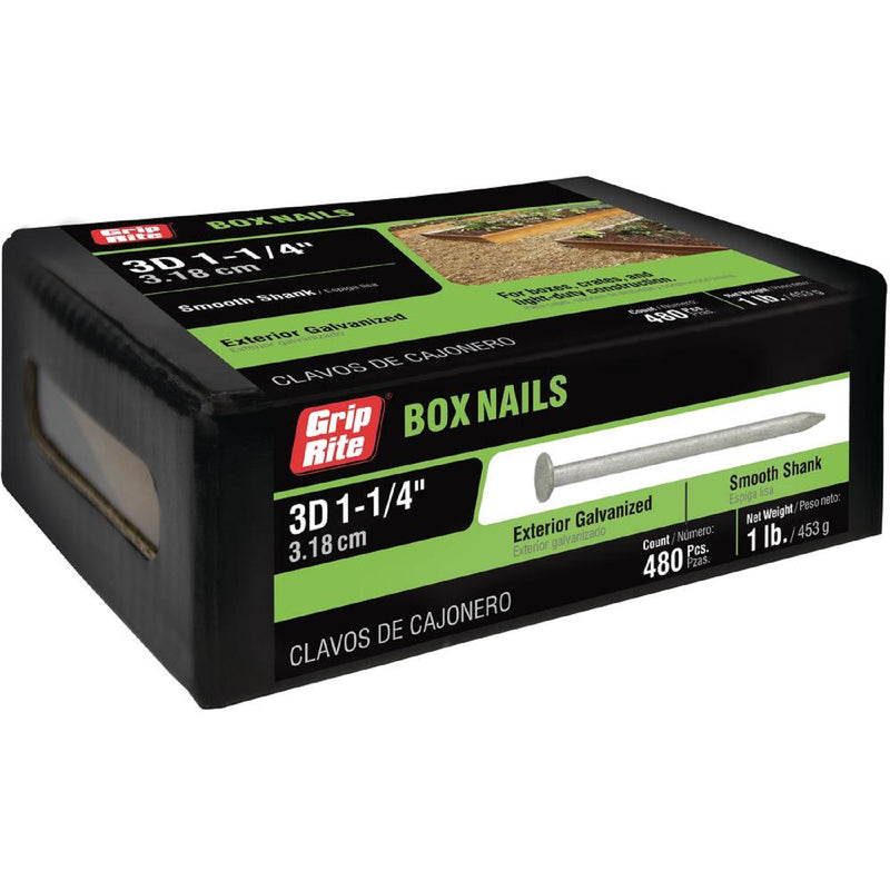Grip-Rite 3D 1-1/4 in. Box Hot-Dipped Galvanized Steel Nail Flat Head 1 lb, Pack of 12
