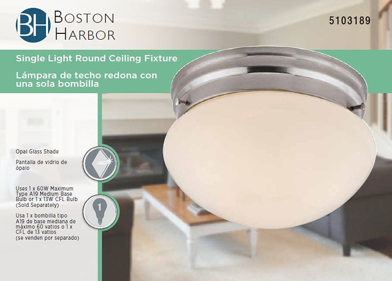 Boston Harbor F13BB01-6854-BN Single Light Round Ceiling Fixture, 120 V, 60 W, 1-Lamp, A19 or CFL Lamp