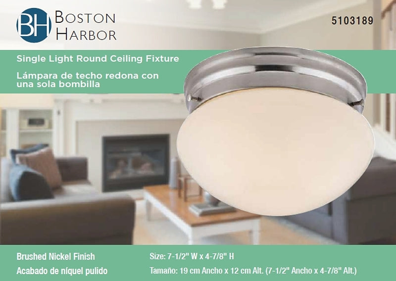 Boston Harbor F13BB01-6854-BN Single Light Round Ceiling Fixture, 120 V, 60 W, 1-Lamp, A19 or CFL Lamp