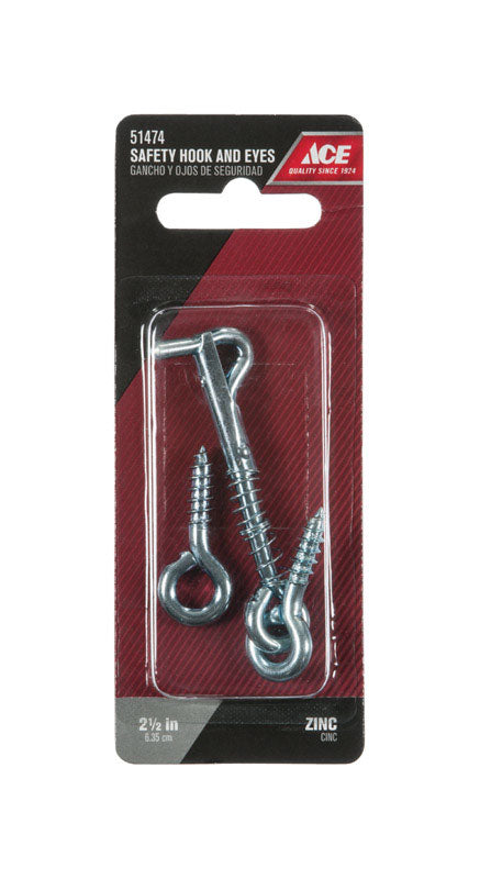 Ace Small Zinc-Plated Silver Steel 2.5 in. L Safety Hook and Eye 1 pk, Pack of 5