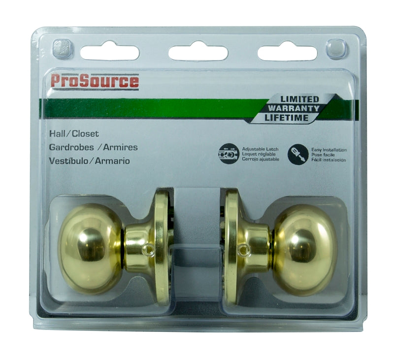 ProSource T9730BRA4V Passage Knob, Metal, Polished Brass, 2-3/8 to 2-3/4 in Backset, 1-3/8 to 1-3/4 in Thick Door