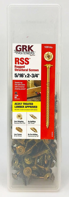GRK Fasteners RSS 12219 Structural Screw, 5/16 in Thread, 2-3/4 in L, Washer Head, Star Drive, Steel, 100 PK