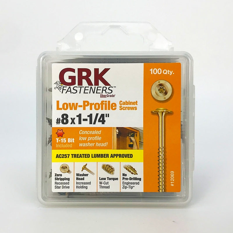 GRK Fasteners 114069 Cabinet Screw, #8 Thread, 1-1/4 in L, W-Cut Thread, Low-Profile, Washer Head, Star Drive, Steel