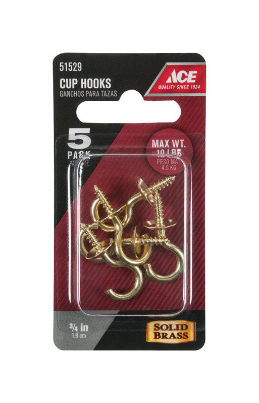 Ace Medium Polished Brass Green Brass 1.125 in. L Cup Hook 10 lb 5 pk, Pack of 5
