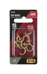 Ace Medium Polished Brass Green Brass 1.125 in. L Cup Hook 10 lb 5 pk, Pack of 5