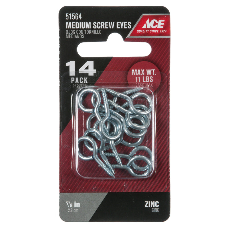 Ace 3/32 in. D X 7/8 in. L Zinc-Plated Steel Screw Eye 11 lb. cap. 14 pk, Pack of 5