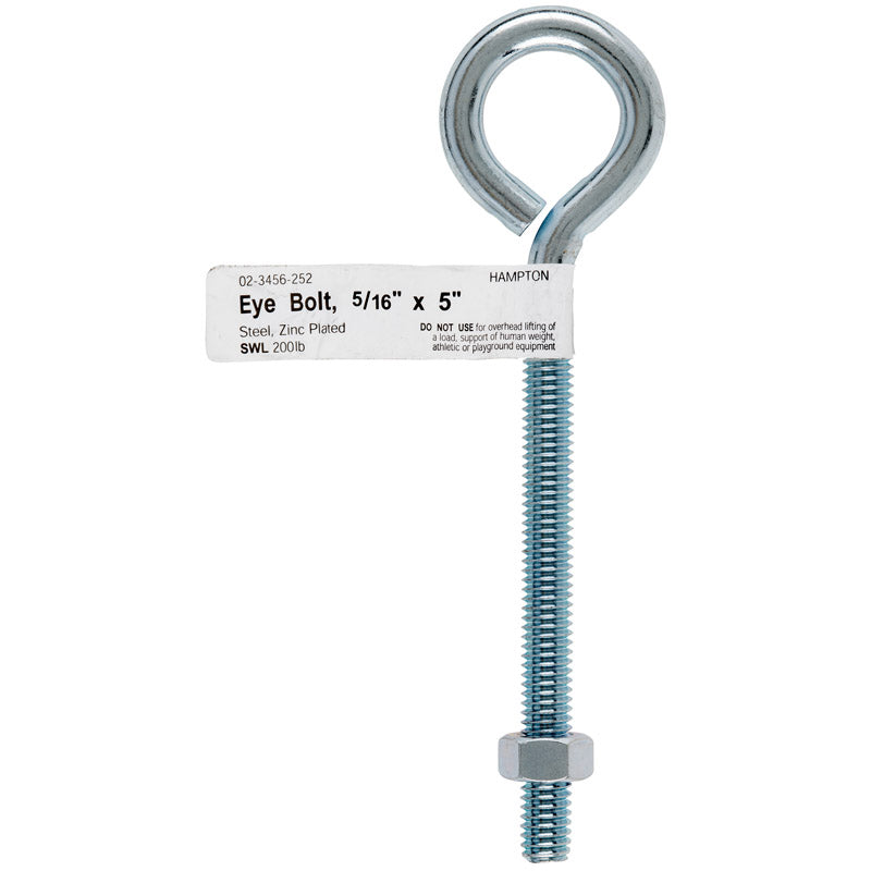 Hampton 5/16 in. X 5 in. L Zinc-Plated Steel Eyebolt Nut Included, Pack of 10