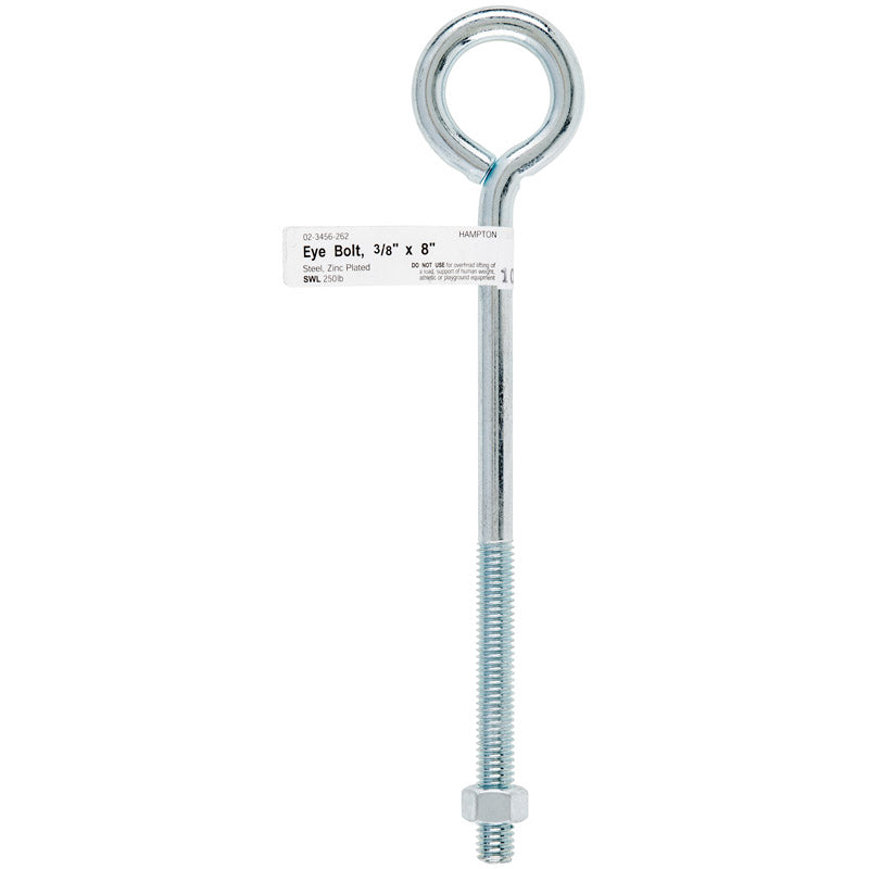 Hampton 3/8 in. X 8 in. L Zinc-Plated Steel Eyebolt Nut Included, Pack of 10