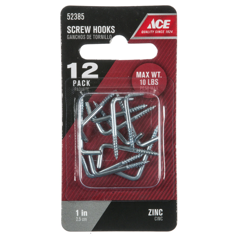 Ace Small Zinc-Plated Silver Steel 1 in. L Square Bend Screw Hook 10 lb 12 pk, Pack of 5