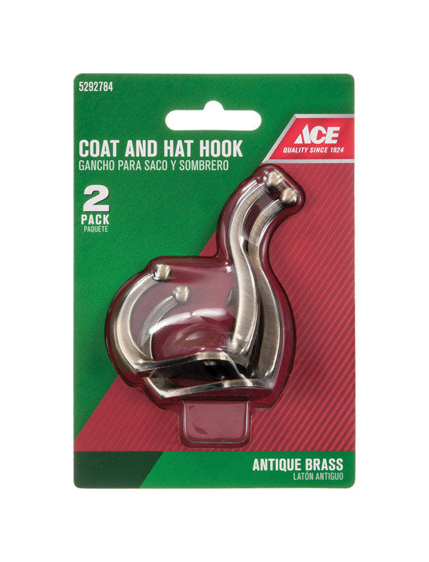 Ace 3 in. L Antique Brass Gold Brass Small Coat and Hat Hook 2 pk, Pack of 5