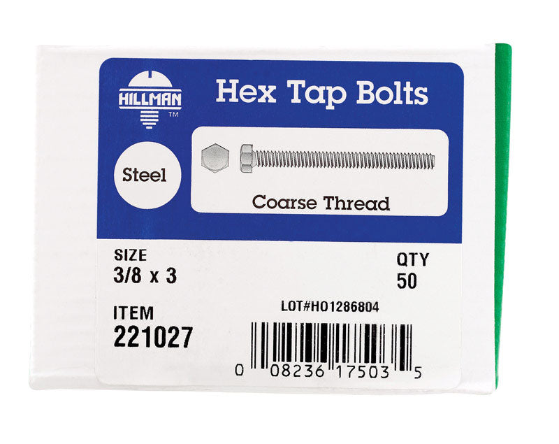 HILLMAN 3/8 in. D X 3 in. L Zinc Plated Steel Hex Tap Bolt 50 pk