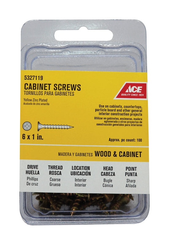 Ace No. 6 X 1 in. L Phillips Yellow Zinc Coarse Cabinet Screws 100 pk