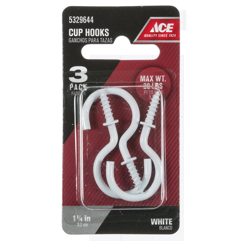 Ace Small White Steel 1.1875 in. L Cup Hook 20 lb 3 pk, Pack of 5