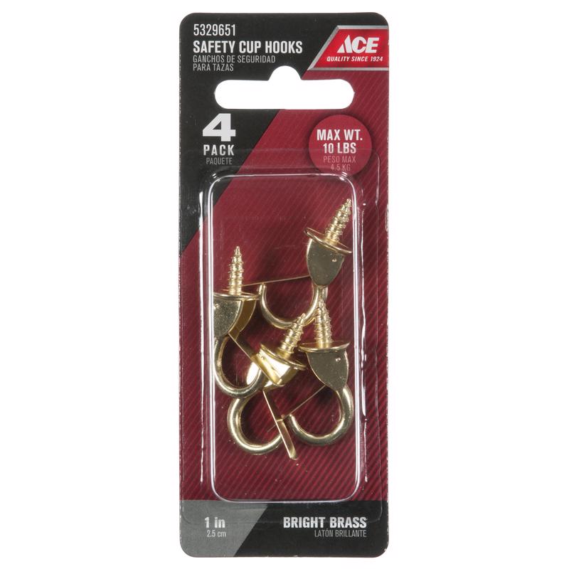 Ace Medium Bright Brass Gold Zinc 1 in. L Safety Cup Hook 10 lb 4 pk, Pack of 5