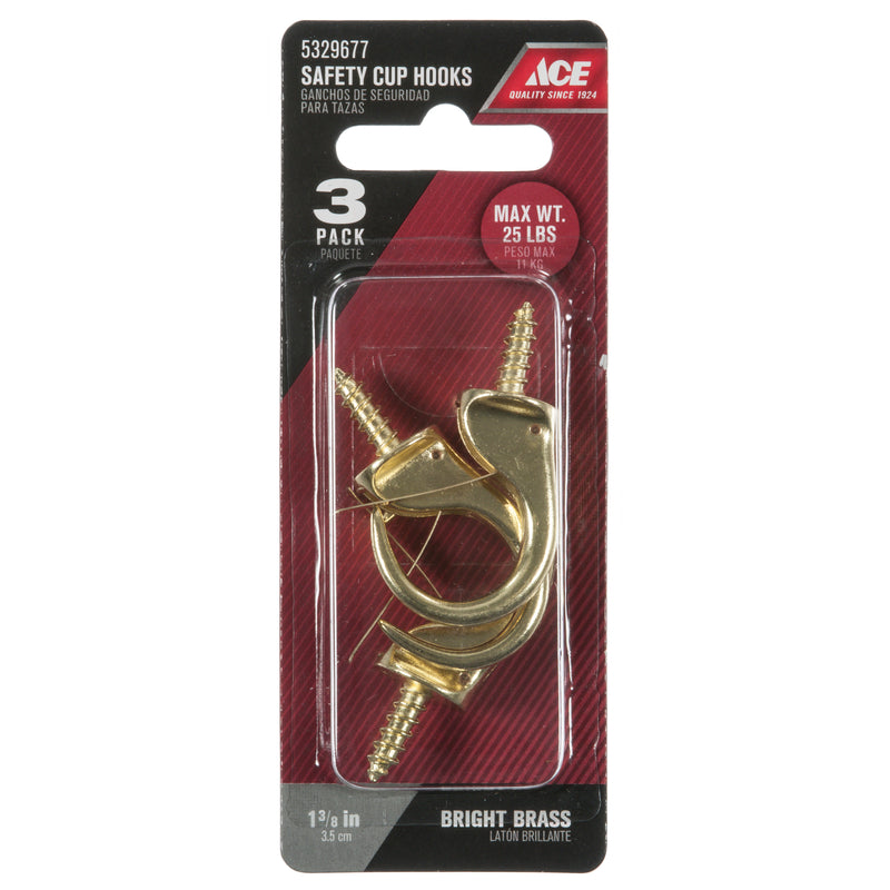 Ace Small Polished Brass Green Brass 1.9375 in. L Cup Hook 25 lb 3 pk, Pack of 5