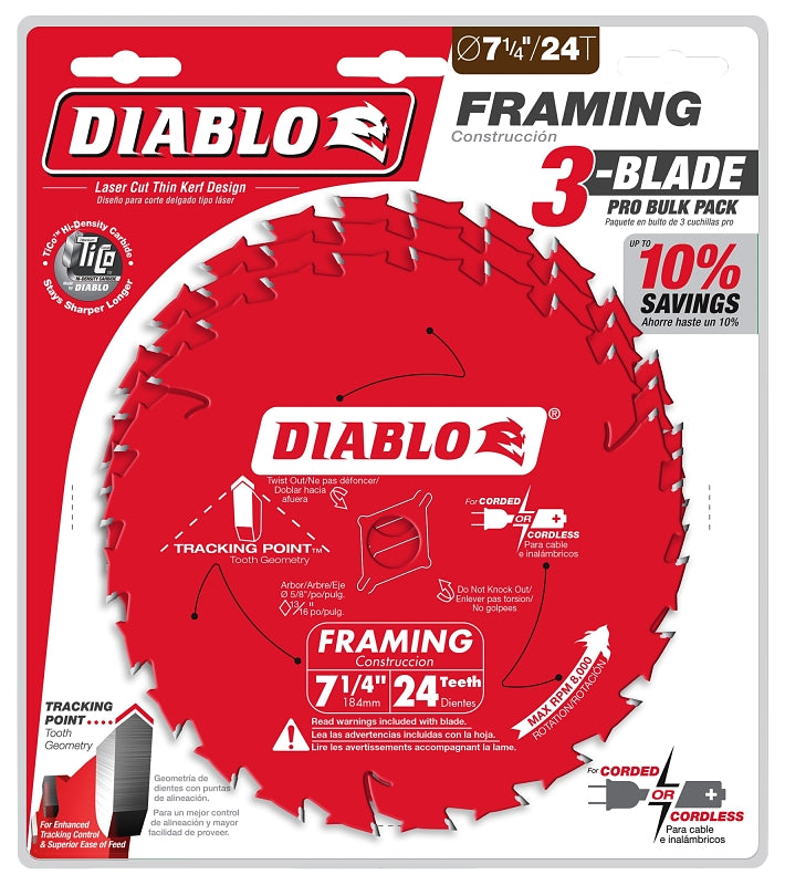 Diablo D0724X3 Saw Blade, 7-1/4 in Dia, 5/8 in Arbor, 24-Teeth, Carbide Cutting Edge