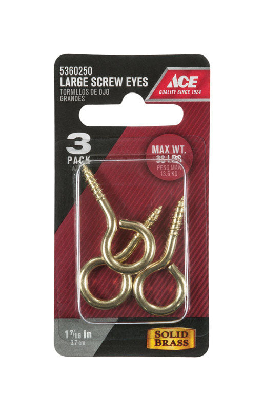 Ace 5/32 in. D X 1-7/16 in. L Polished Brass Screw Eye 30 lb. cap. 3 pk, Pack of 5