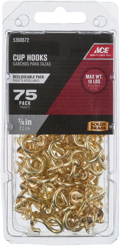 Ace Small Bright Brass Brass 7/8 in. L Cup Hook 10 lb 75 pk