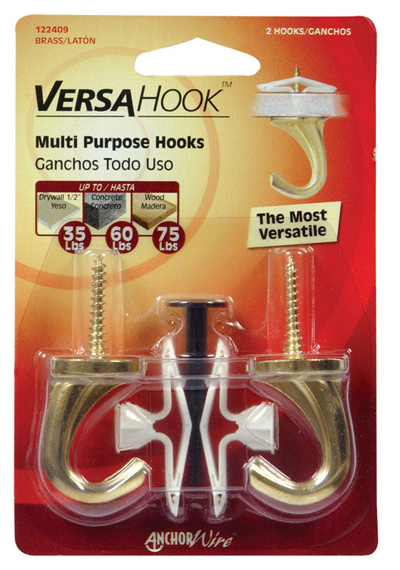 HILLMAN Small Bright Brass Gold Steel 0.95 in. L Ceiling Hook 75 lb 2 pk, Pack of 5