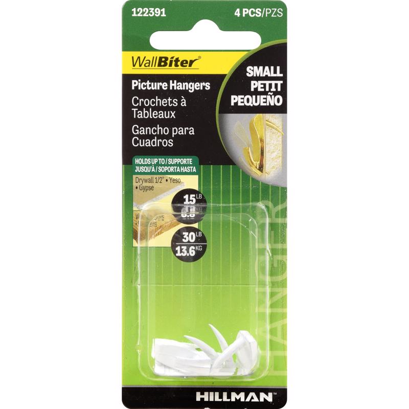 HILLMAN WallBiter White Small Picture Hook 30 lb 4 pk, Pack of 10