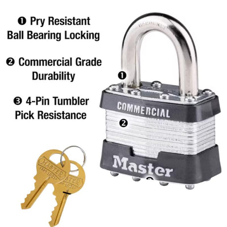 Master Lock 1-5/16 in. H X 1-3/4 in. W Laminated Steel 4-Pin Cylinder Exterior Padlock, Pack of 6