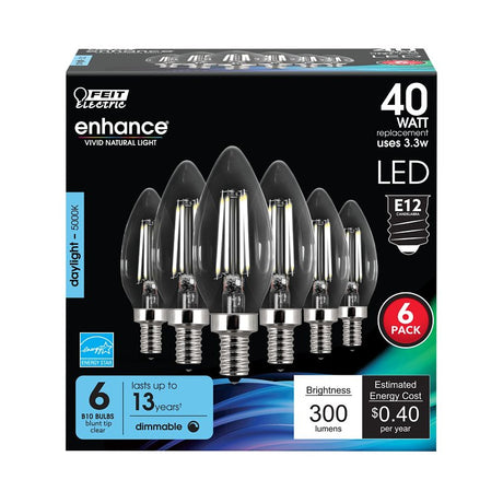 Feit Electric CTC40/950CA/FIL/6 LED Bulb, Decorative, 300 Lumens, 3.3 W, B10 Lamp, 40 W Equivalent, E12 Lamp Base, Clear