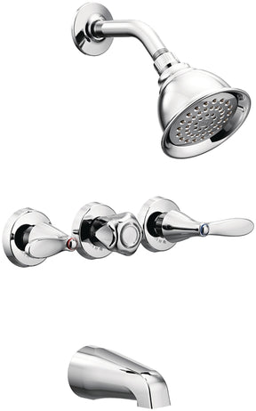 Moen Adler Series 82663 Tub and Shower Faucet, 1.75 gpm Showerhead, Diverter Tub Spout, 3-Handle, Metal, Chrome-Plated