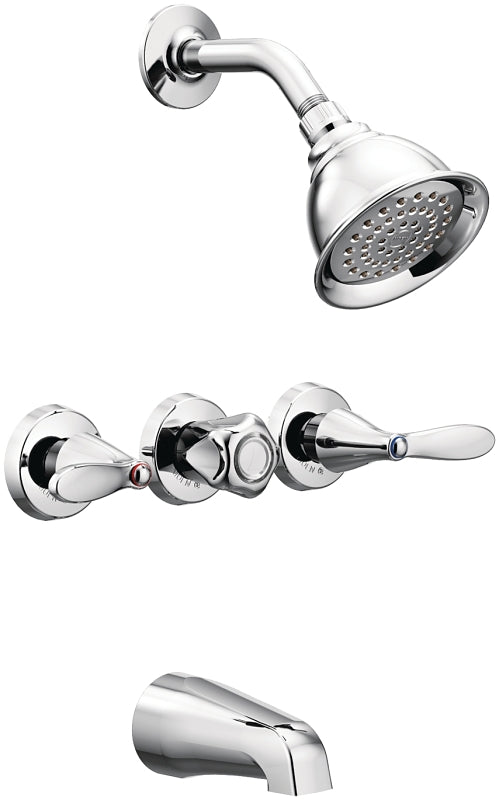 Moen Adler Series 82663 Tub and Shower Faucet, 1.75 gpm Showerhead, Diverter Tub Spout, 3-Handle, Metal, Chrome-Plated