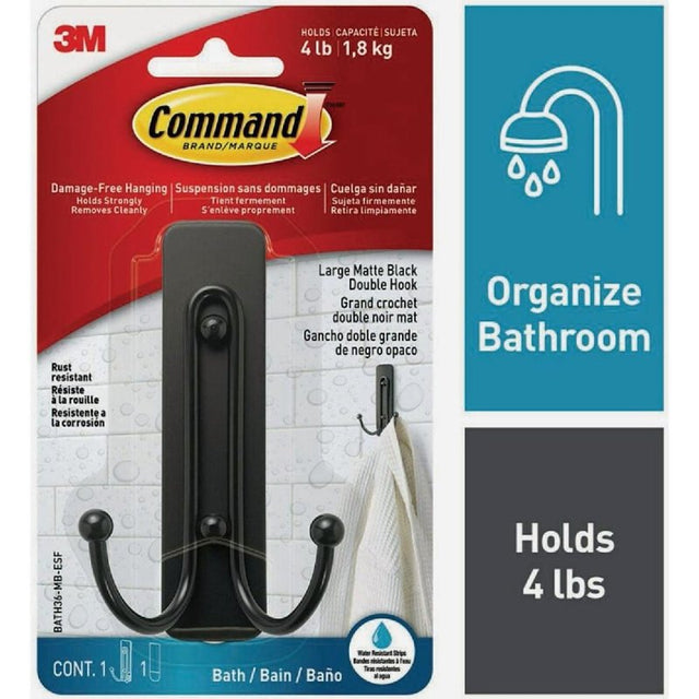 Command BATH36-MB-ESF Large Bath Hook, 4 lb, 2-Hook, Metal, Matte Black