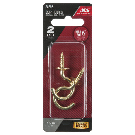 Ace Small Polished Brass Green Brass 1.875 in. L Cup Hook 30 lb 2 pk, Pack of 5