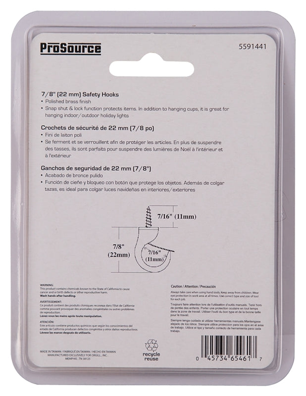ProSource PH-122240-PS Cup Hook, 7/16 in Thread, 33 mm L, Zinc Alloy, Polished Brass