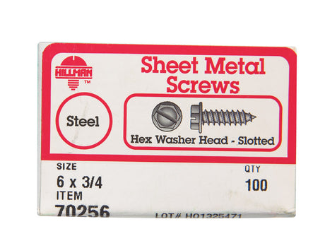 HILLMAN No. 6 X 3/4 in. L Slotted Hex Washer Head Sheet Metal Screws 100 pk