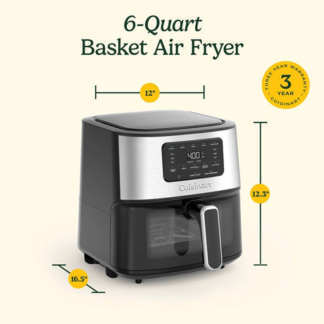 Cuisinart AIR-200NAS Basket Air Fryer, 6 qt, 1800 W, Digital Control, Black Stainless