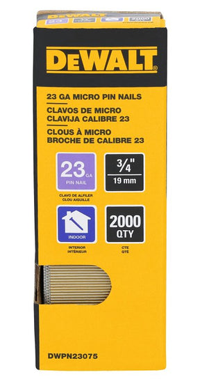 DEWALT DWPN23075 Pin Nail, 3/4 in L, 23 ga, Steel, Galvanized, Headless Head, Smooth Shank