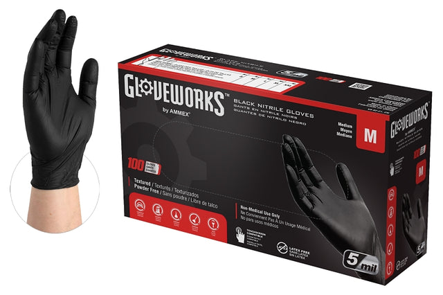 Gloveworks GPNB44100 Non-Sterile Disposable Gloves, M, Nitrile, Powder-Free, Black, 13.86 in L