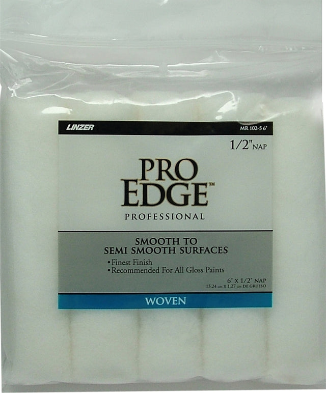 Linzer PRO EDGE MR 102-5 6IN Roller Cover, 1/2 in Thick Nap, 6 in L, Fabric Cover, White, Pack of 6