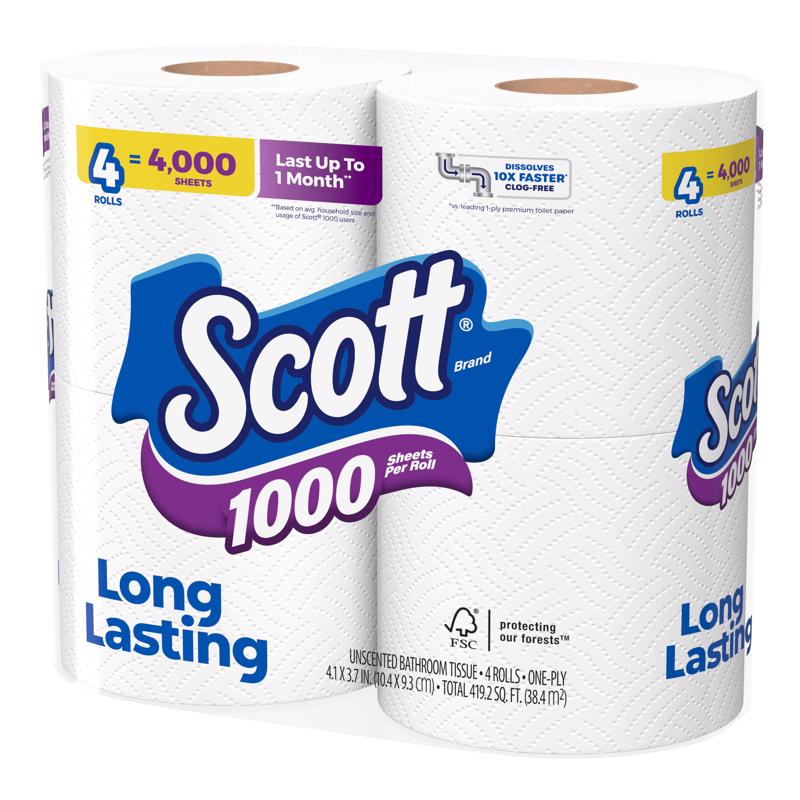 Scott Toilet Paper 4 Rolls 1000 sheet 4 in., Pack of 12