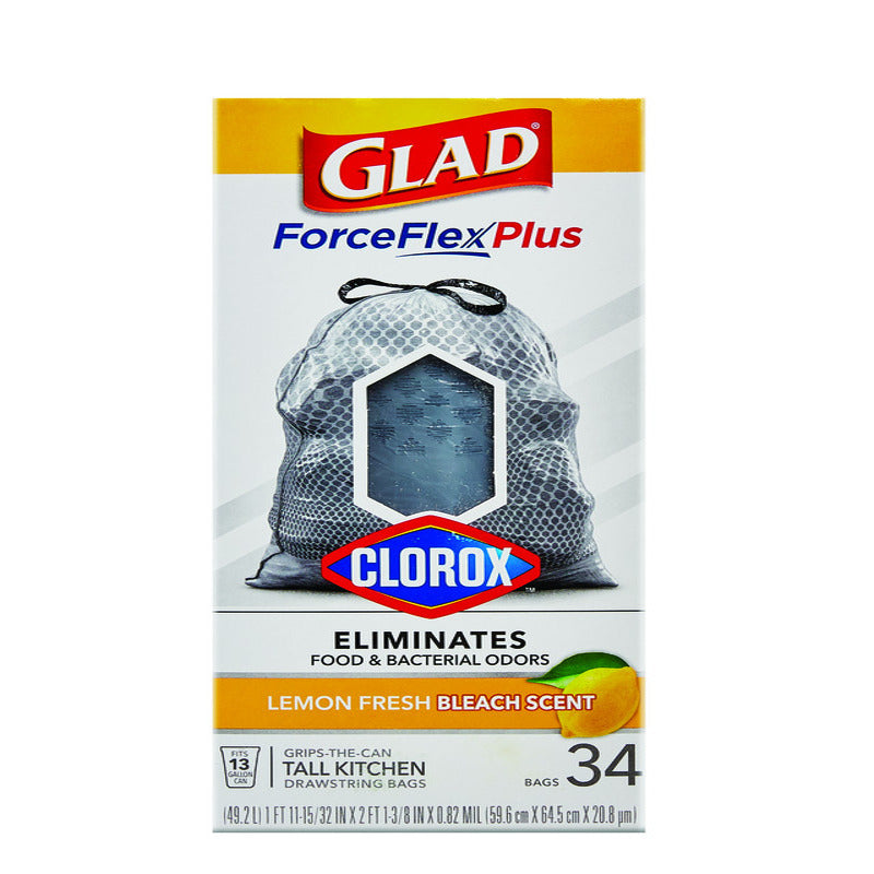 Glad Force Flex Plus 13 gal Lemon Tall Kitchen Bags Drawstring 34 pk, Pack of 6