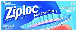 Ziploc 00388 Series Freezer Bag, Zipper Closure, 7 in W, 7-7/16 in L, 1 qt Capacity, 19/PK