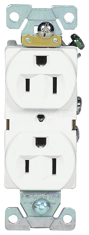 Eaton Wiring Devices BR15W Duplex Receptacle, Nylon/PVC, White, 2-Pole, 15 A, 125 V, Back, Side Wiring, NEMA: 5-15R