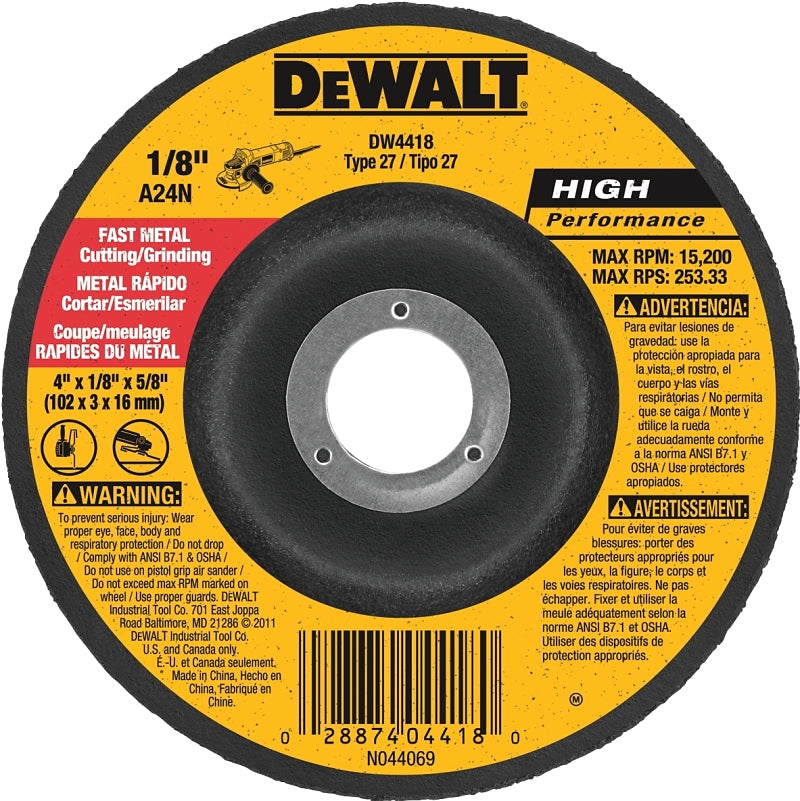 DEWALT DW4418 Grinding Wheel, Applicable Materials: Metal, 4 in Dia, 1/8 in Thick, 5/8 in Arbor, 24 Grit, Very Coarse