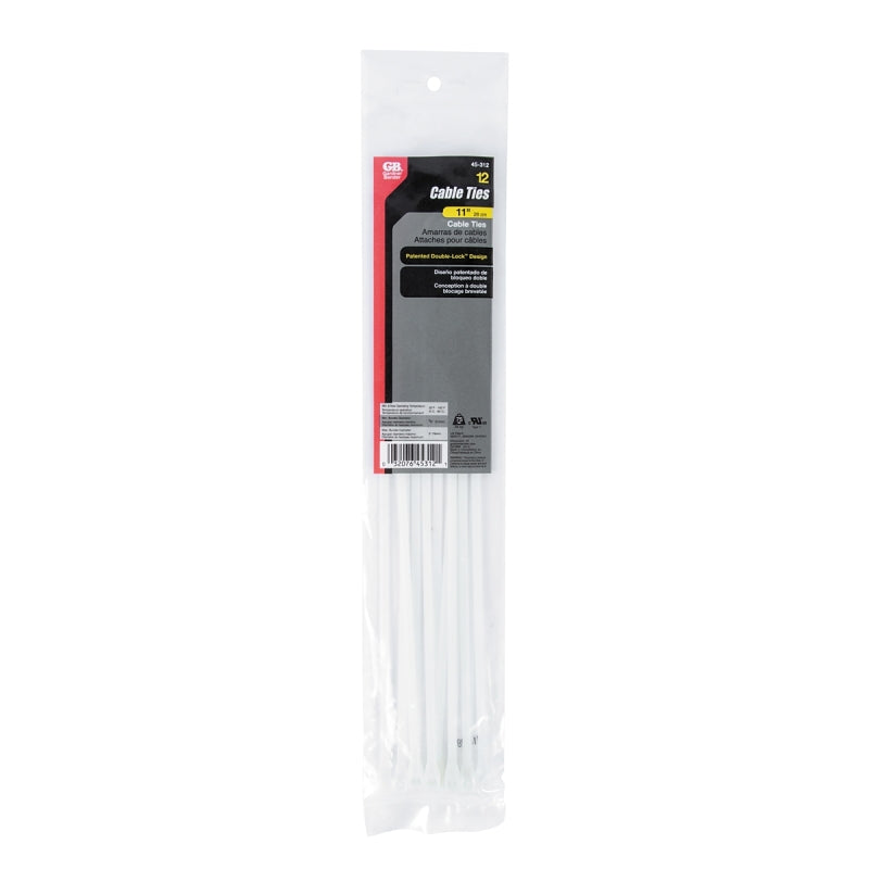 Gardner Bender 45-312 Cable Tie, 3 in Max Bundle Dia, Double-Lock Locking, 6/6 Nylon, Natural, 11 in L, 12/BAG