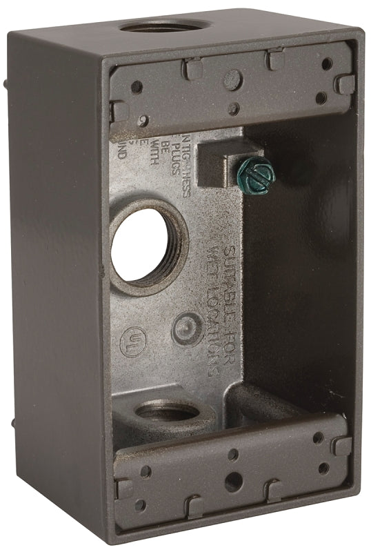 Hubbell 5320-2 Weatherproof Box, 8.3 cu-in, 3-Outlet, 1-Gang, Aluminum, Bronze