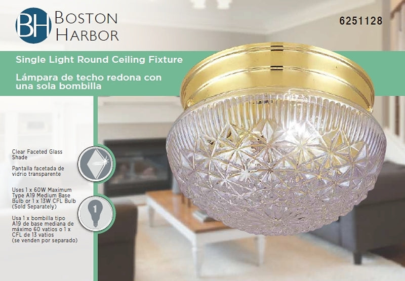 Boston Harbor F13BB01-68583L Single Light Round Ceiling Fixture, 120 V, 60 W, 1-Lamp, A19 or CFL Lamp