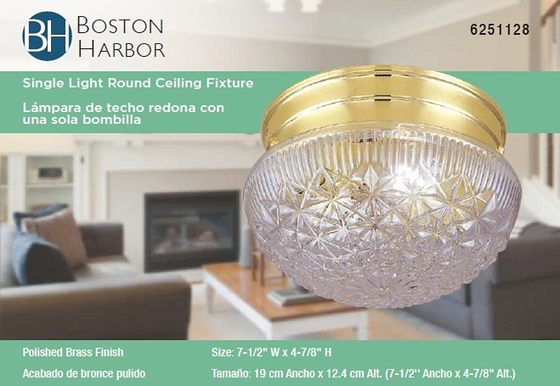 Boston Harbor F13BB01-68583L Single Light Round Ceiling Fixture, 120 V, 60 W, 1-Lamp, A19 or CFL Lamp