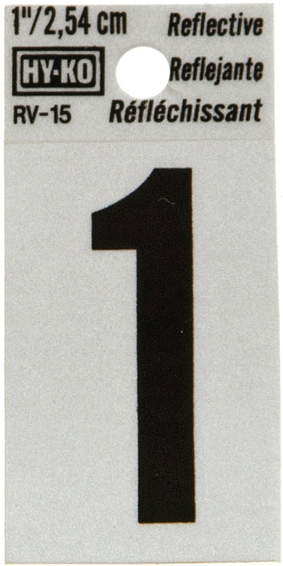 Hy-Ko RV-15 Series RV-15/1 Self-Adhesive Reflective Number, Character: 1, 1 in H Character, Black Character, Vinyl, Pack of 10